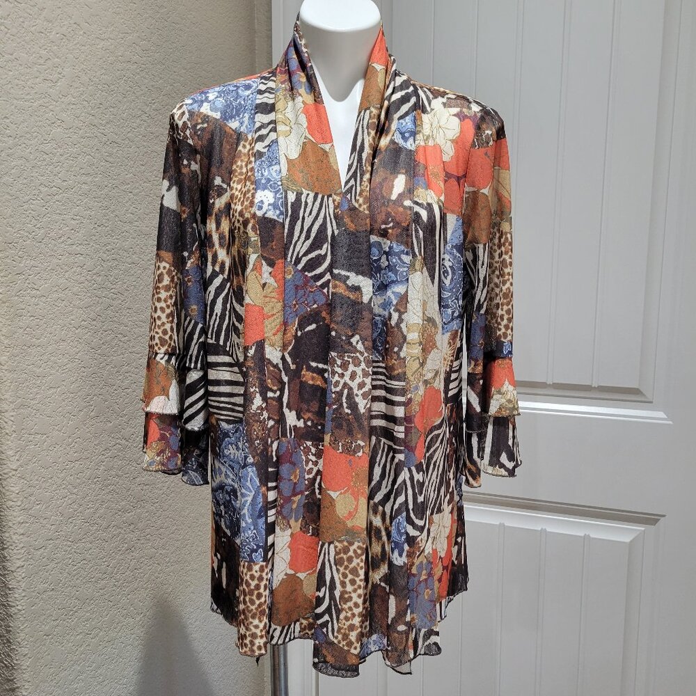 Multiples Cardigan MEDIUM Shawl Collar Animal Mixed Print Dbl Tier Flared Cuffs